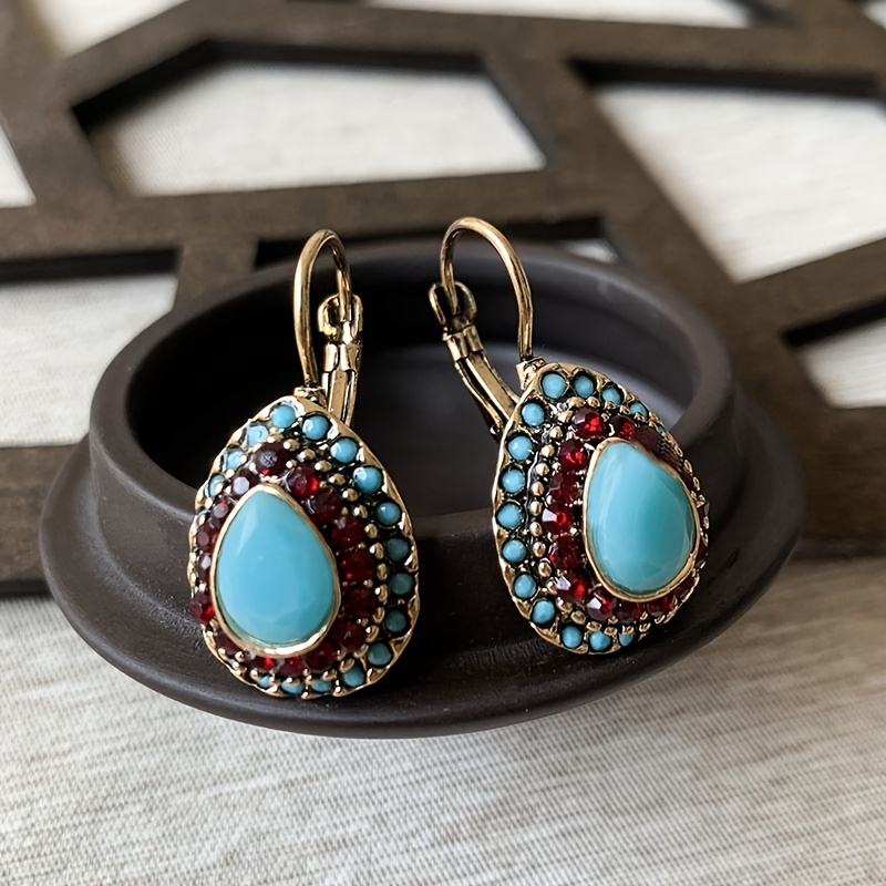 Vintage Teardrop Turquoise & Red Gemstone Earrings with Golden Beaded Frame
